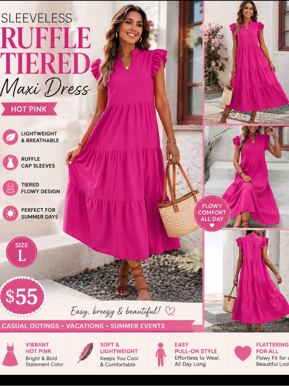 Sleeveless Ruffle Tiered Maxi Dress - Hot Pink